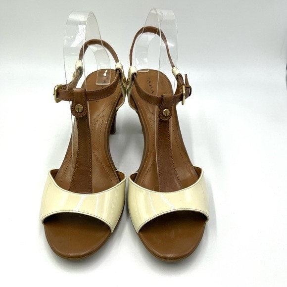 Tahari Women's Betsy Brown Cream Leather T-Strap Open Toe Sandals Heels Shoes 9 - Picture 3 of 13